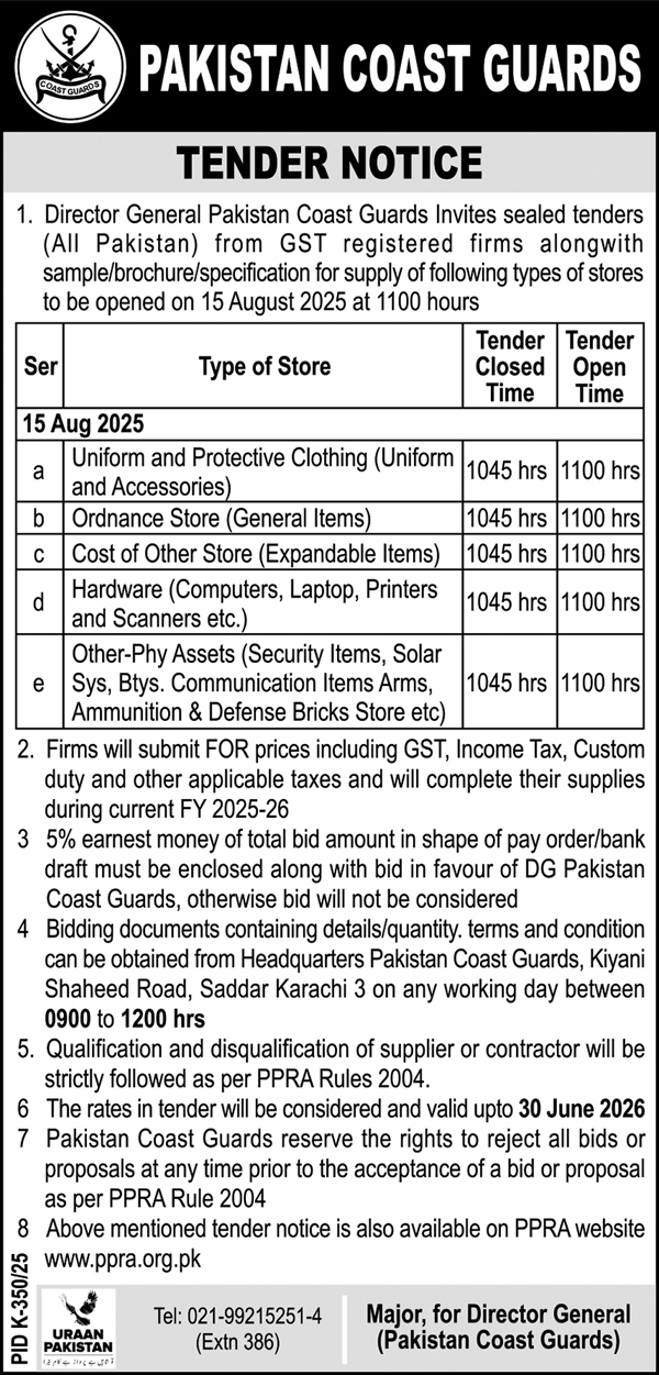 Pakistan Coast Guards Karachi Tender Notice